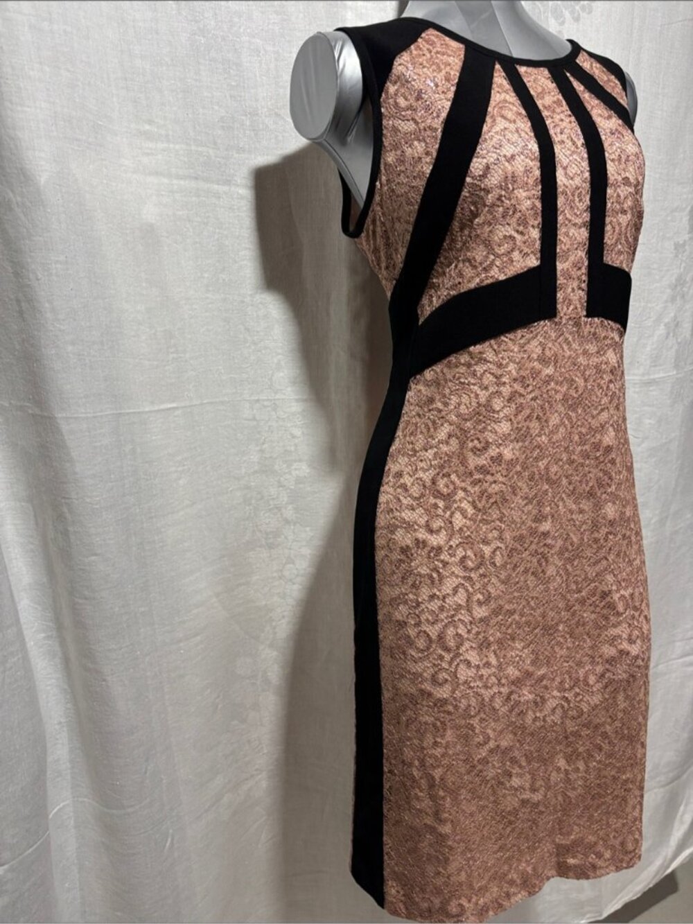 Ivanka Trump Rose Gold Pink Lace Midi Dress with Black Paneling Size 16 - Picture 2 of 7